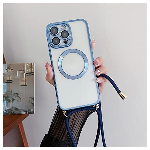 Estojos de carregamento sem fio magnéticos transparentes chapeados para iPhone 14 11 12 13 Pro Max Plus Cobertura para colar tiracolo crossbody, Azul Serra, para iPhone 11 ProMax
