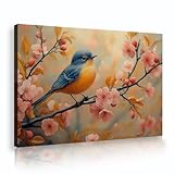 自然禅の装飾ウォールアートプリント日本の鳥と花の桃の花キャンバスアート写真リビングルームベッドルームキッチンオフィス廊下65x98cmインナーフレーム