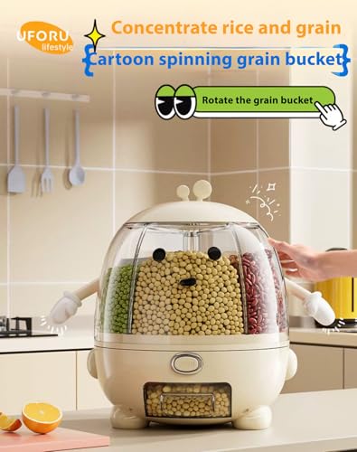 20Lbs Cute Cartoon Grain Dispenser – 360° Rotating Rice & Bean Storage Container with Sealed Lid, Adorable Hands & Feet Design, 5-Grid One-Click Output – Fun & Functional Kitchen Organizer