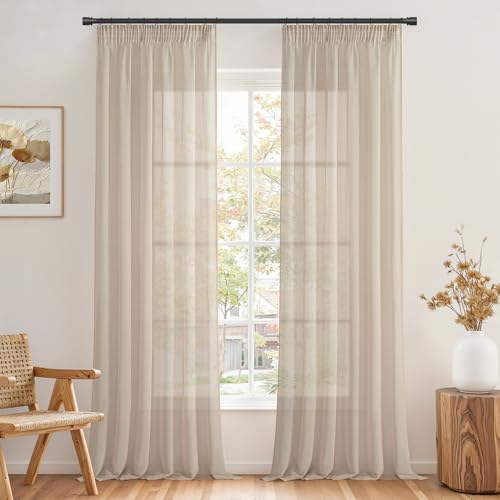 Topfinel Rideau Voilage Salon Beige Transparent avec Galon Fronceur 2 Panneaux de Rideaux Voile en Lin Effet Voilages Intérieurs Fenetre de Chambre Enfant...