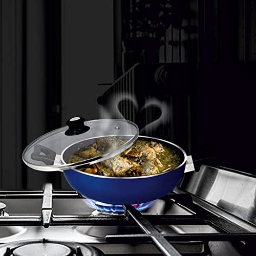 Image of BALTRA Aluminum Induction Base Non-Stick Cookware Set, 4 Pieces (1-Piece Non-Stick Kadhai - 4 L /26cm with Lid, 1-Piece Non-Stick Fry Pan - 24cm, 1-Piece Non-Stick Dosa Tawa - 24cm) Blue