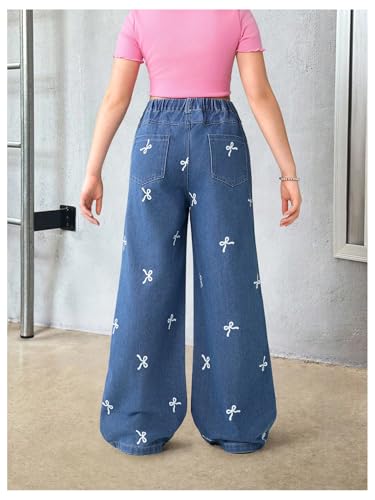 WDIRARA Girl's Bow Print Baggy Jeans Cute High Waisted Wide Leg Denim Pants2
