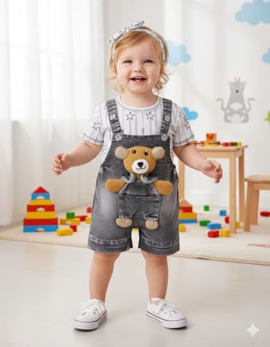 Image of A.T.U.N. (ALL THINGS UBER NICE) Baby Girls Cotton Denim Dungaree Set with 3D Teddy Bear Design |Printed T-Shirt with Adjustable Straps | Stylish & Comfortable Daily Outfit for Baby Unisex