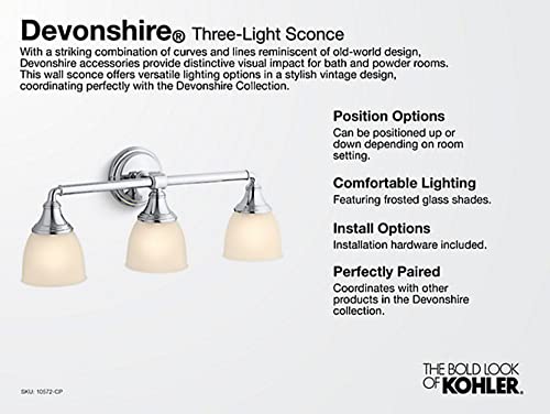 Image of Kohler Devonshire Bathroom Vanity Light Fixture, Wall Sconce Lighting, Position Facing Up or Down, UL Listed, 2 Light, Black with Brass Trim