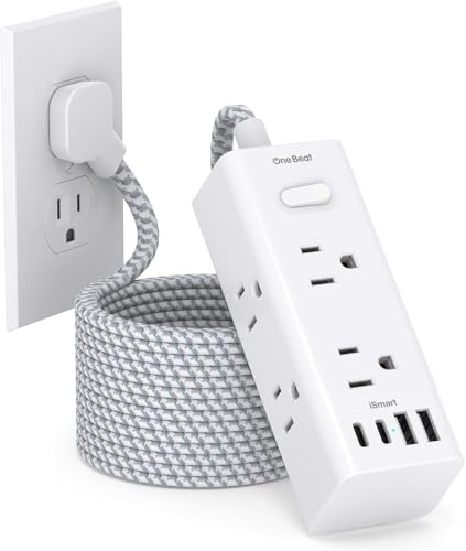 Flat Plug Extension Cord 20Ft One Beat 900J Surge Protector Power Strip 20 Ft Cord with 6 Widely Outlets 4 USB Ports (2 USB C) Wall Outlet Extender Extension Cord for College Dorm Room Home Office