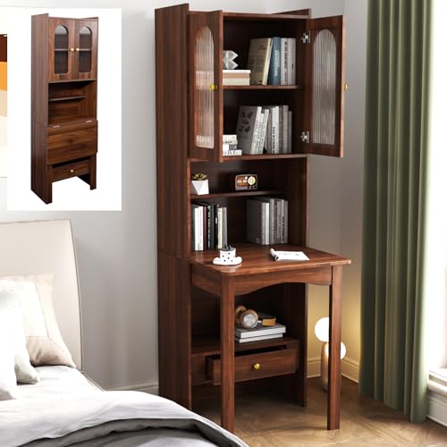 Convertible Fold Down Desk with Bookshelf & Drawer, Multifunctional Murphy Desks with Storage, Hideaway Fold Out Desk Cabinet for Small Spaces (Walnut)