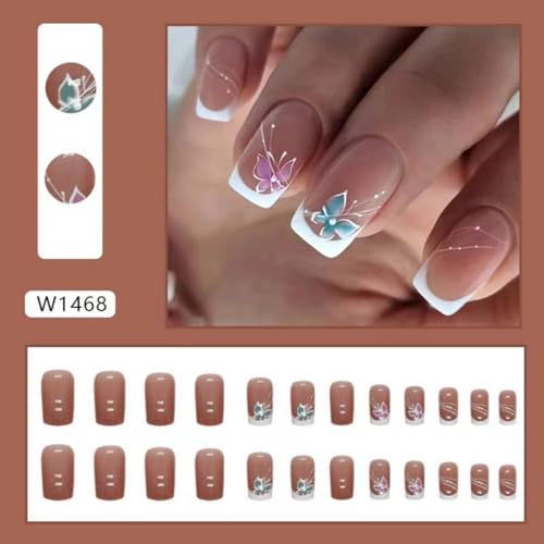 Image of Butterfly Press on Nails White French Tip Fake Nails Short Square False Nail with Design Rhinestone Glue on Nails Artificial Acrylic Full Cover Nude Stick on Nail for Women Manicure 24pcs