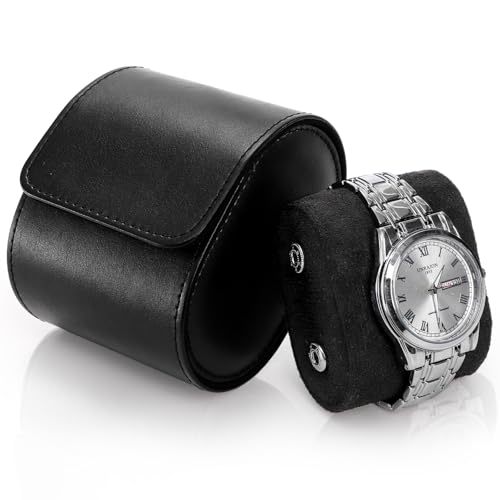 Covzoe Leather Travel Watch Case, Single Watch Gift Box with Pillow, Portable Jewelry Watch Storage Roll Organizer Carrying Case for Display, Men, Women, Luxury Black