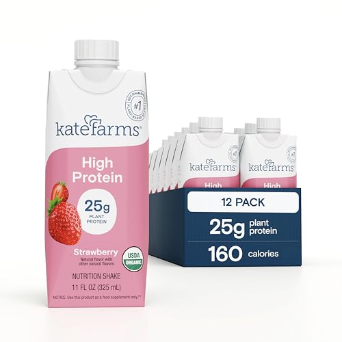 Image of KATE FARMS Organic High Protein Strawberry Nutrition Shake, 25g Protein, 6g Fiber, 27 Vitamins and Minerals, 0g Sugar, 11 oz (12 Pack)