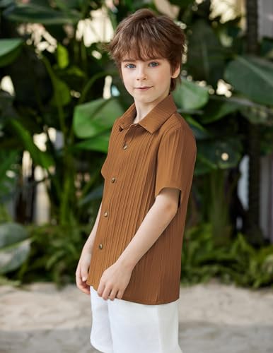 Image of Arshiner Boys Casual Short Sleeve Button Down Shirt Fashion Textured Summer Beach Shirt 3-13 Years Old