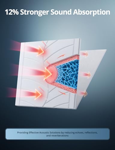 Image of Kuchoow Large Acoustic Panels Sound Absorbing Foam Wall Art Acoustical Treatments for Recording Studio, 4-Pack Self Adhesive White Decorative Leaf Textured Ceiling Tiles for Ceiling 47 inchx24 inchx0.4 inch