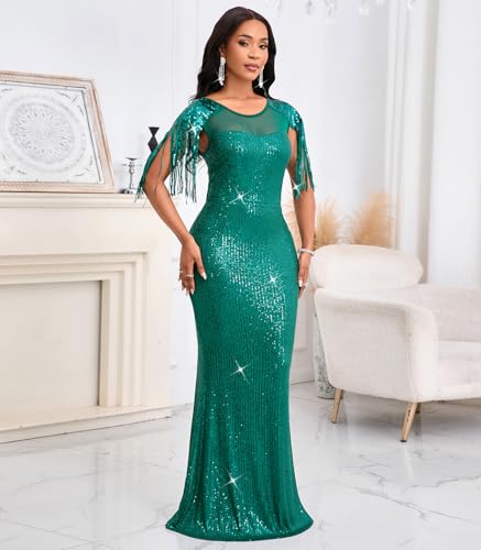 Image of Cololura Sexy Sequin Tassel Mesh Perspective Party Cocktail Bodycon Evening Club Maxi Dress