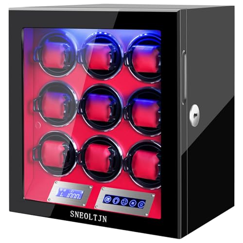 SNEOLTJN Watch Winder for 9 Slots Automatic Watches,Ultra-Quiet Japanese Motors, Built-in LED Illumination and LCD Touchscreen Control