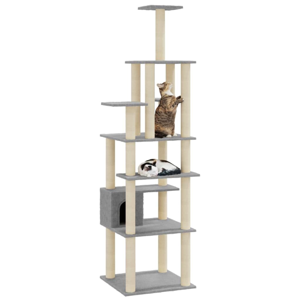 Kratzbaum für Katzen, Hellgrau, 183 cm, mit Kratzsäulen, Sisal | Verstecktes Haus für Nickerchen, Plattform, natürliches Kratzbrett, Indoor-Übungsspiel