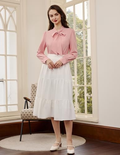 Belle Poque Women's Bow Tie Neck Blouse - Button Down Long Sleeve Collared Shirt for Work Office Casual3