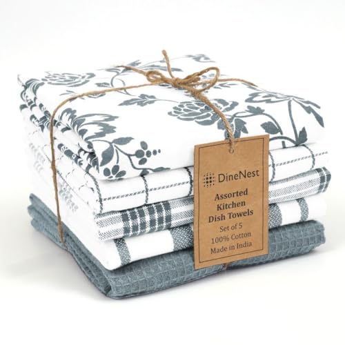 Image of DineNest Assorted Kitchen Towels 100% Cotton 16x26 Inch - Super Absorbent, Soft & Quick Drying, Multi-Purpose for Drying & Cleaning, Ideal for Kitchen & Home Use, Set of 5 Low-Lint Dish Towels Grey