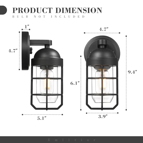 Image of Emliviar Modern Outdoor Wall Light for House Porches, Solid Classic Metal Cage, Retro Charm Exterior Wall Light, Clear Tempered Glass, Black Finish, GE255B BK