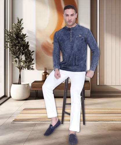 Image of Kuons Avenue Men's Tailored Fit Denim Kurta | Full Sleeves | Mandarin Collar - Stylish Everyday