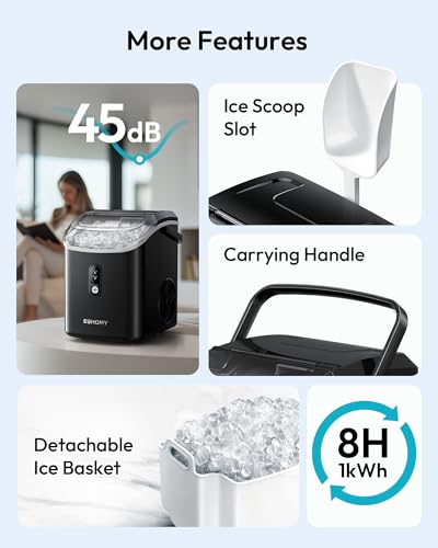 Image of EUHOMY Nugget Ice Maker Countertop with Handle, Ready in 6 Mins, 34lbs Per Day, Removable Top Cover, Self-Cleaning, Portable Sonic Ice Maker with Basket and Scoop, for Home /Party /RV /Camping(Black)
