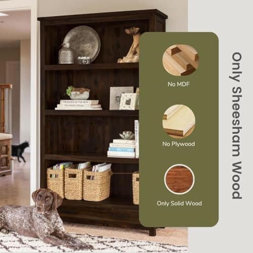 Image of ANGEL FURNITURE Solid Sheesham Wood Bookshelf with Drawer | Large Full-Size Storage Rack | Walnut Finish, Semi-Gloss | 100x40x175 CM