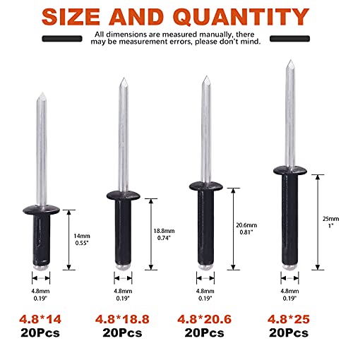 Tanstic 80Pcs 3/16'' x 9/16'' / 3/4'' / 13/16'' / 1" 4 Sizes Flange Aluminum Blind Rivets Large Head Tri-Fold Exploding Pop Rivets Assortment Kit (Black) - Image 2