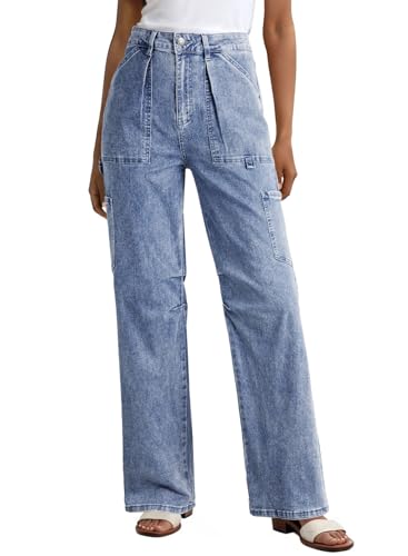Dokotoo Womens Jeans Straight Leg Cargo Jeans for Women High Waist Baggy Trendy Womens Jeans Teen Girls Denim Trousers Blue