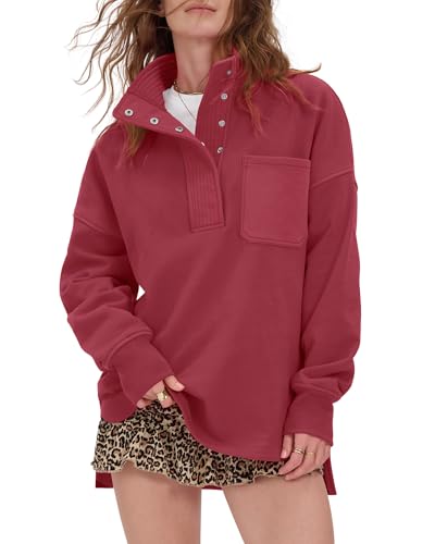 Locachy Lässiges Oversize-Sweatshirt für Damen, langärmelig, Knopf, Henley-Ausschnitt, Pullover, Tops, modische Outfits, Burgunder, Groß
