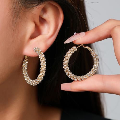 14K Gold Plated 29–35mm Lightweight Hoop Earrings for Women, Cubic Zirconia, 925 Sterling Silver Post, Hypoallergenic Jewelry2