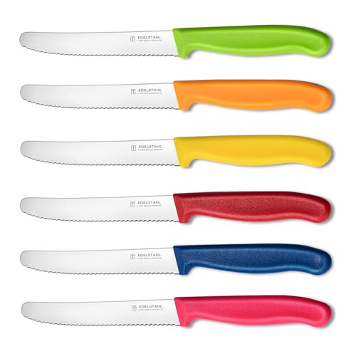 targzier Tomato Knife Colour Set of 6 Sharp Blade Serrated Kitchen Knives Stainless Steel Utility Knife Wavy Edge Table/Dinner Knifes Multicolor Tomato Knives Set Ergonomic Handle&Dishwasher Safe