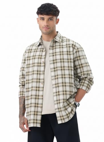 Image of The Souled Store: Blue Sails Men and Boys Long Sleeve Collared Neck Button Front Blue and Cream Checked Embroidered Regular Fit Cotton Linen Shirt