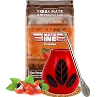 Yerba Mate-Tee Set ●Paraguayische Yerba Mate Mateine Guarana 500g● Keramik mate-tee tasse Hoja Red 350ml● Edelstahl trinkhalm Bombilla 19cm● Yerba-Mate-Tee-Strohhalm●Korkpad● Mate-Trinkgefäß