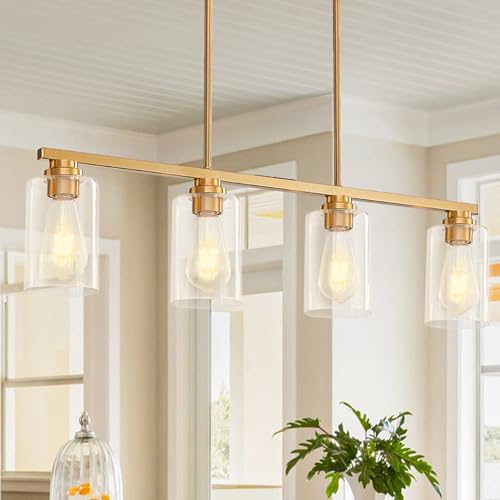 Mecgirn Island Light for Kitchen, Brushed Gold Dining Room Light Fixture Over Table, 4-Light Linear Chandelier Pendant Lighting for Dining Table Kitchen Island Living Room