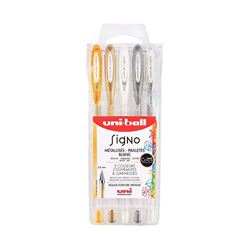 Mitsubishi Pencil - 5 Stylos Rollers Encre Gel - Uni-Ball Signo - Couleurs Pailletées - Pointe 1 mm - Écriture Large - Rollers Créatifs pour Carterie et...