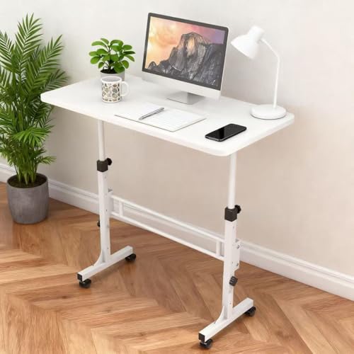 Wintline Portable Standing Desk Adjustable Height 27.5-43.3 Small Computer Desk with Wheels Home Office Desk Table for Laptop Rolling Desk for Small Space White