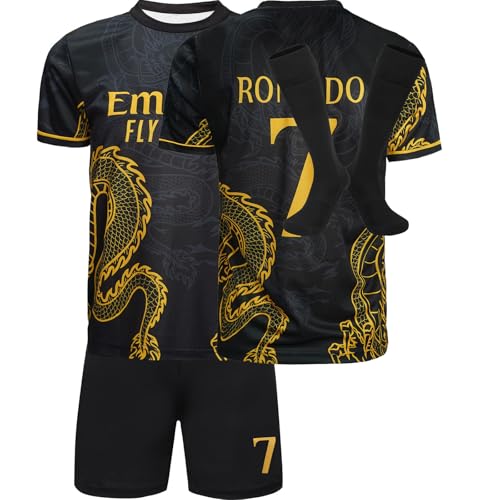 Mokiss No #7 Spezielles Design Football Fußball Kinder Trikot Shorts Socken Set Jugendgrößen (Schwarz 30)