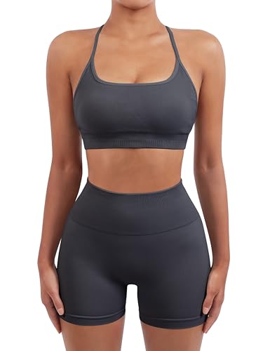 Image of SUUKSESS Women Seamless Workout Sets Strappy Sports Bra High Waist Booty Shorts Outfits