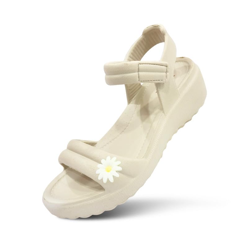 Image of Women's Platform Wedge Sandal with Daisy Flower Embellishment | Ankle Strap EVA Sole | Lightweight Casual Sandal for Women & Girls | Comfortable Daily Wear