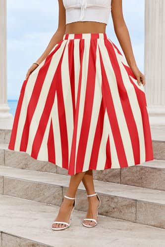 Image of Cicy Bell Womens Summer Striped Maxi Skirts A-Line Beach Vacation Outfits | Elastic Waist, Side Pockets, Flowy, Midi Length, Color Contrast, Trendy Casual