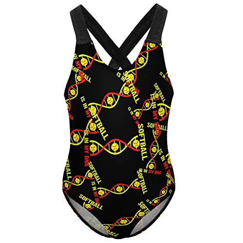 Softball is in My DNA Girl's One Piece Swimsuit Quick Dry Bathing Suit Cross Back Straps Swimwear 7-9Y（120cm）