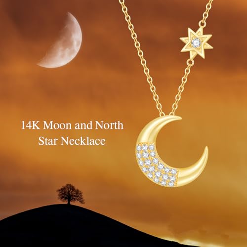 Solid 14K Moon and North Star Necklace for Women, Real Gold Moon Pendant Necklaces with Cubic Zirconia, Mother's Day Birthday Christmas Jewerly Gifts for Mother Grandma, 16"+2"2