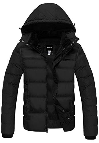 MORCOE Men's Winter Quilted Coat Outdoor Puffer Jacket Thicken Outerwear Windproof Parkas with Removable Hood(Black,L)