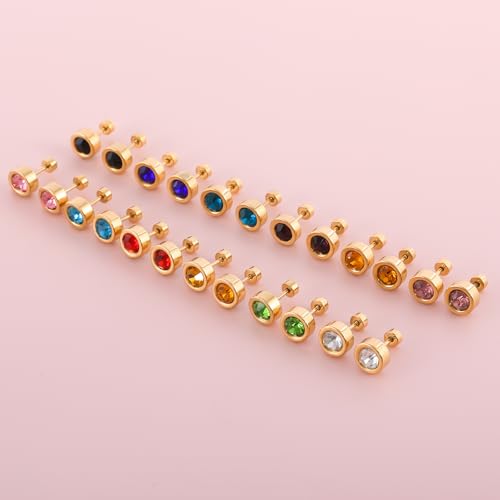 12 Pairs Surgical Stainless Steel Flat Back Birthstone Cubic Zirconia Stud Earrings, Gold Plated Screw Back Round Star Heart Flower Hexagon Triangle CZ Stud Earrings Set3