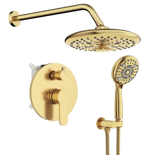 Image of SR SUN RISE Shower Faucet - 10 Inch Multifunctional High Pressure Shower Head System with Handheld Shower Head Fixtures - Valve Included - Brushed Gold