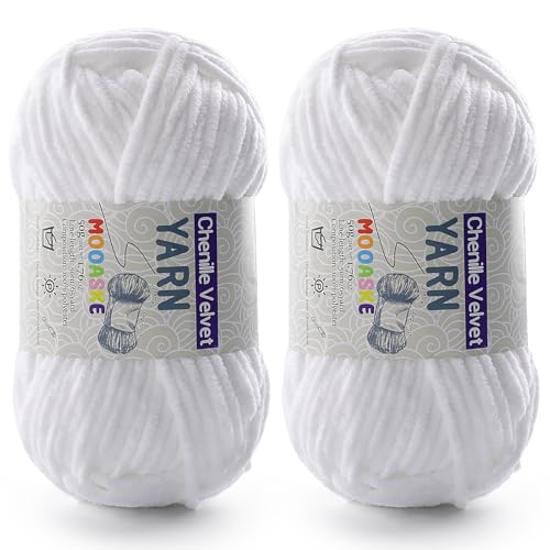 Image of Mooaske 2 Pac Chenille Yarn for Crocheting - Soft Blanket Yarn, 50g /1.76oz, 60m /65yard (White)