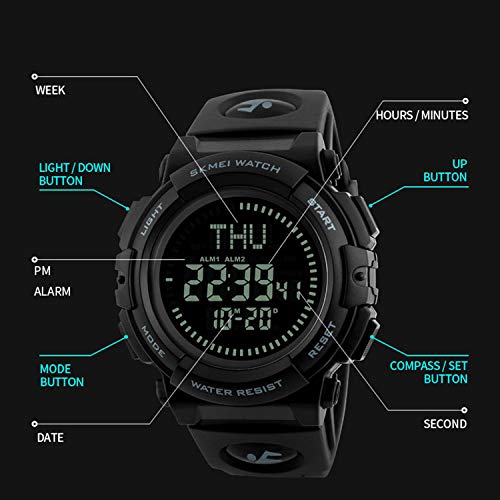Men’s Military Sports Digital Watch With Survival Compass 50M Waterproof Countdown 3 Alarm Stopwatch (Black) (Black) (Black) #TOP6