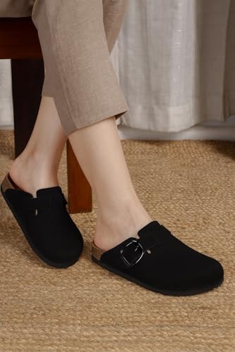 Image of LYDC London Comfortable Black Suede Clogs for Woman | Stylish and Durable Clogs Women Footwear with Anatomically Shaped Footbed, Soft Lining & Lightweight EVA Sole for All-Day Comfortand Versatile Everyday Wear