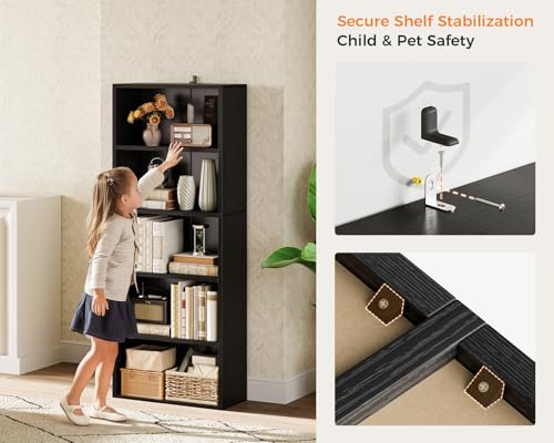 Casaottima 5-Tier Open Bookshelf and Bookcase, Floor Standing Display Storage Shelves for Living Room, Tall Book Shelf for Bedroom, Home Office, Dining Room, Black - Thumbnail 6