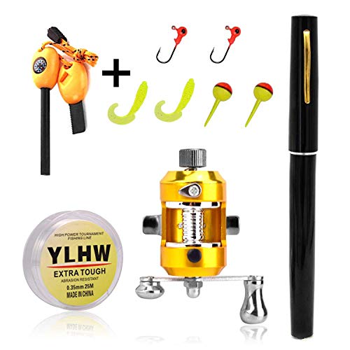 ActionEliters Portable Pen Fishing Rod Pole and Reel Combo Set - Telescopic Pocket Fishing Pen Rod Pole + Reel Aluminum Alloy Fishing Line Soft Lures Baits Jig Hooks Firestarter Compass Whistle