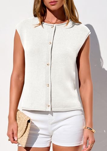 PRETTYGARDEN Sweater Vest Women 2026 Summer Spring Cap Short Sleeve Cardigan Lightweight Button Down Trendy Loose Tops (White,X-Large) — view 2