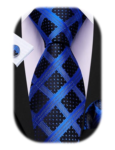 Image of Barry.Wang Plaid Ties Check Mens Necktie Set with Handkerchief Cufflinks Classic Stripe, B-royal Blue